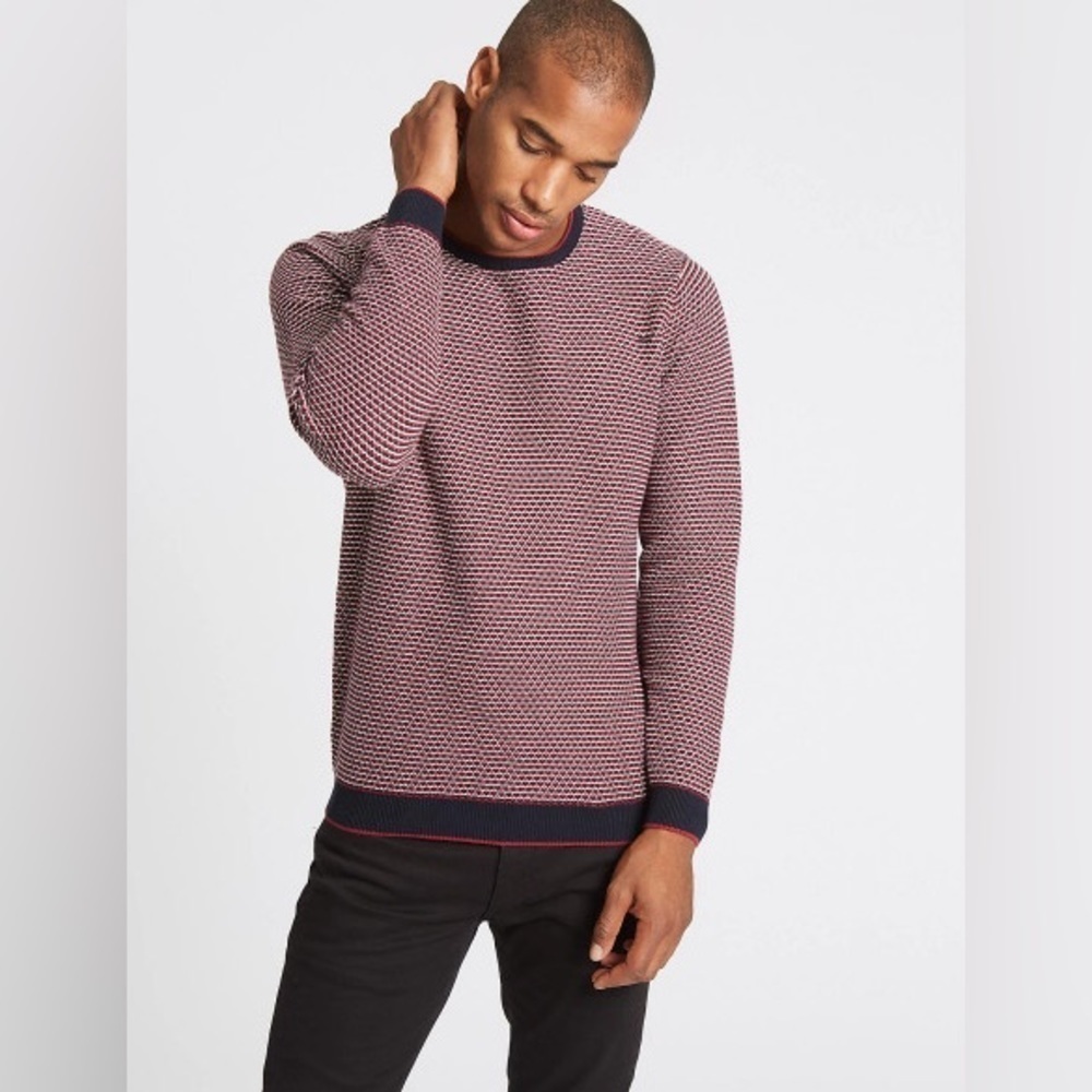Marks And Spencer Mens Red Houndstooth Knitted Jumper Size L